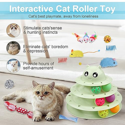 UPSKY 24 PCS Cat Toys, 3-Level Turntable Kitten Toys Set, Interactive Cat Roller Toys for Indoor Cats, Catnip Toys, Cat Teaser Toys, Mice Toys, Spring Toys, Various Ball Toys for Kitty - color: D-24PCS-Fruit Green