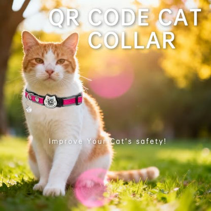 Cat Collar with Bells Reflective Cat Collars Breakaway with Oxford Cloth Soft Padding Adjustable Kitten Collar with QR Code（Hotpink） - color: Hotpink