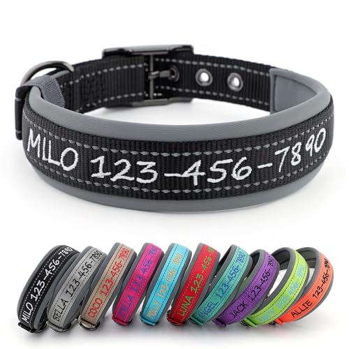 Personalized Dog Collar, Embroidered Name & Phone Number, Custom Reflective Nylon Pet Collar, Adjustable with Soft Neoprene Padding and Metal Buckle for Small Medium Large Dogs