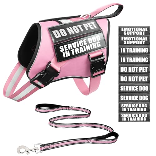 Service Dog Vest Harness and Leash Set+10 Patches,No Pull&Easy Walk Reflective Dog Harness with Soft Padded Handle for Training/Everyday,Fit Small/Medium/Large/Extra-Large Dogs(Pink S) - color: Pink, size: Small