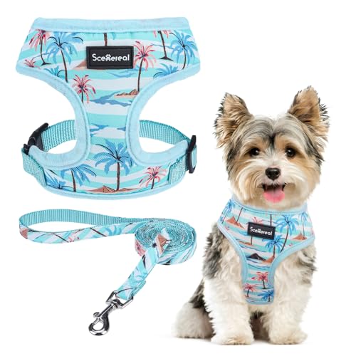 SCENEREAL Small Dog Harness and Leash Collar Set - No Pull Dog Harness for Small & Medium Sized Dogs - Soft Mesh Vest for Puppies, Chihuahua, Yorkie, Spring Summer Hiking Walking, Coconut Tree XS - color: Blue-Coconut Tree(harness+leash), size: XS: Chest