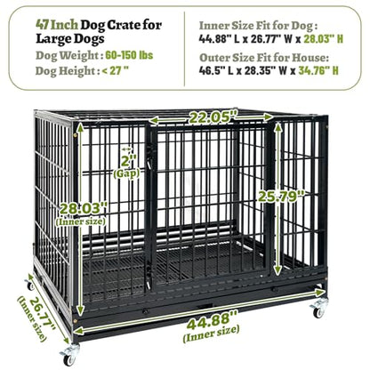 4 Pack Two Tiers 47 Inch Heavy Duty Dog Crate for Large Dogs, Stackable Chew-Proof Drop Cage for Dog with 4 Lockable Wheels, Escape Proof Auto-Lock & Buckle, Double-Access Wide Door Dog Kennel Indoor - size: 47 Inch-8 Pack