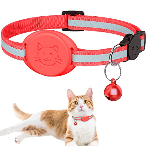 Upgrade Airtag Cat Collar, Reflective Kitten Cat Collar with Bell and Airtag Holder Compatible with Apple Airtags - color: light red