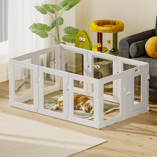 Clear Acrylic Dog Playpen Indoor, Puppy Cat Small Pet Play Pen, Easy Assemble & Disassemble Sturdy Plastic Dog Fence with Heavy Duty Door Lock (24In H, 10PCS), White - color: White, style: 10 Panels - 24 In