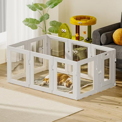 Clear Acrylic Dog Playpen Indoor, Puppy Cat Small Pet Play Pen, Easy Assemble & Disassemble Sturdy Plastic Dog Fence with Heavy Duty Door Lock (24In H, 10PCS), White - color: White, style: 10 Panels - 24 In