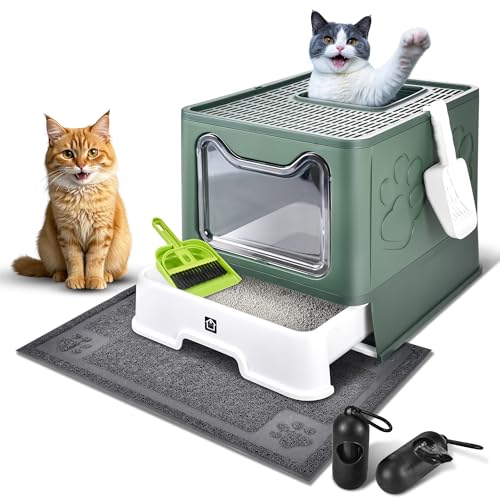 Cat Litter Box with Litter Mat, Foldable Extra Large Free in and Out/One-Way with Lid, Drawer Type Enclosed Kitty Litter Box,Odor Control Anti-Splashing Easy Cleaning (Green) - color: Green