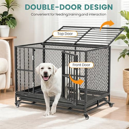 37 Inch Heavy Duty Dog Crate, Folding Dog Kennel for Medium/Small Dogs, Metal Dog Cage with Lockable Wheels, Dual Locks, Removable Tray, Easy Assembly - size: 36.6"L x 23.4"W x 28.3"H