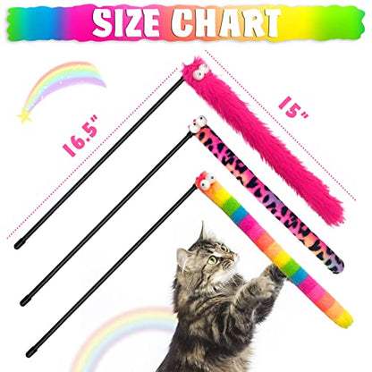 3 Pack Cat Wand Toy, Rainbow Cat Feather Toys with Bells, Teaser Wand with Soft Furry Tail, Interactive Toys for Indoor Cats & Kitten & Kitty - style: Playful