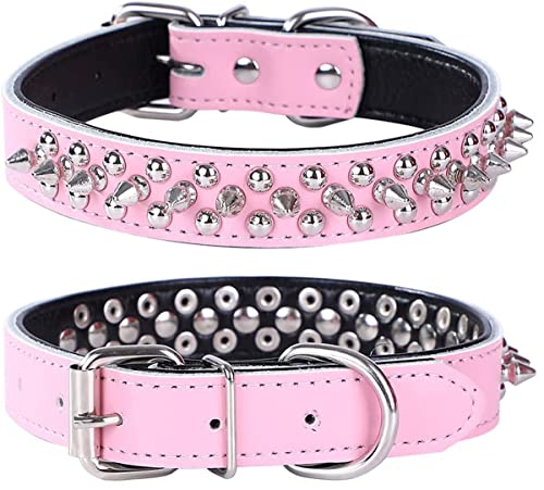 Spiked Studded Dog Collar, Genuine Leather Dog Collar, Adjustable Pet Collars for Small or Medium Pet (S, Pink-2) - color: Pink-2, size: S