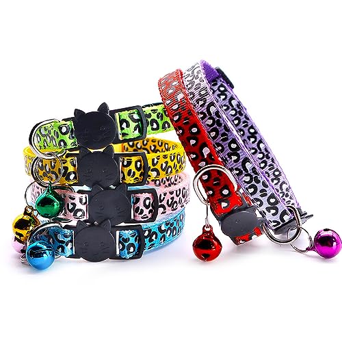 Reflective 2 Pack Breakaway Cat Collars with Bell Leopard Pattern Cute Kitty Adjustable 7.5-12.5 Inch Safe Kitten Collars Charms (Red)