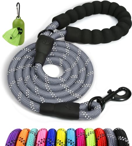 Taglory Rope Dog Leash 4 FT with Comfortable Padded Handle, Highly Reflective Threads Leash and Anti-Tangle Clip for Walking Medium Large Dogs, 1/2 inch, Grey - color: Grey, size: 1/2" x 4 FT (20~120 lbs.)