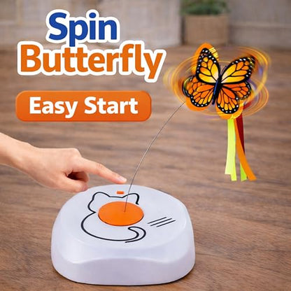 Interactive Cat Toy for Indoor Cats, Automatic Rotating Butterfly Feather Wand, Self Play Electric Cat Toy for Exercise & Mental Stimulation, Quiet Energy-Saving, AA Battery Operated