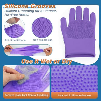7PCS Dog Bath Brush | Pet Grooming Gloves | Storage Bag | Soothing Massage Rubber Comb with Adjustable Ring Handle | Pet Bathing For Dogs and Cats (Lavender Purple) - color: Lavender Purple