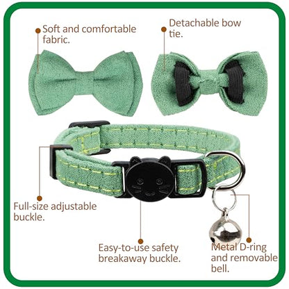 Cat Collar Breakaway Bowtie Safety with Bell Adjustbale Kitten Puppy Solid Plaid Color Set J-[2pcs] Green - color: J-[2pcs] Green