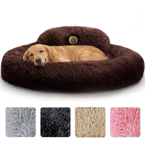 PetJett XL Dog Beds for Large Sized Dog - 45'' Extra Large Dog Bed, Anti-Slip & Washable Super Soft Round Donut Bed, Fluffy Faux Fur Anti-Anxiety Premium Comfort Pet Bed, Fits Dogs up to 120 lbs - color: Brown, size: X-Large - 45"L x 45"W x 8"Th