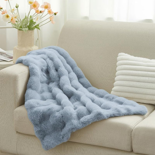 Leximan Cozy Faux Fur Throw Blanket for Couch, Reversible Plush Fluffy Decorative Bubble Throw for Sofa and Living Room, Soft Lap Blanket for Bed, Dog & Cat (Lake Blue, 30''x40'') - color: Lake Blue, size: 30''x40''