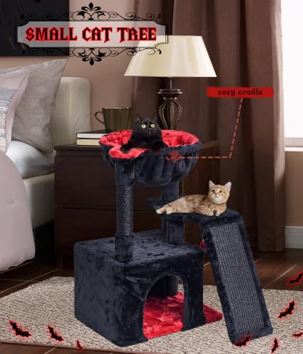 SYANDLVY Gothic Cat Tree for Indoor Cats Large Adult, Modern Activity Tower with Scratching Posts & Board, Condo with Plush Perch, Cradle & Hanging Ball & Spider for Play, Black - color: Black