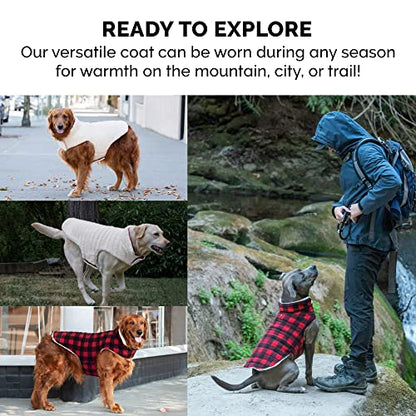 Furhaven Reversible Small Dog Coat, Washable & Insulating w/ Leash Access - Sherpa & Plaid Fleece Flex-Fit Jacket - Cream/Red, Small - color: Cream/Red Plaid, size: SM