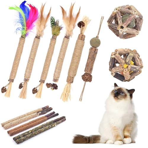 TINDTOP Cat Chew Toys, 12 Pack Silvervine Chew Sticks with 2 Pack Cage Balls for Kittens Teeth Cleaning, Matatabi Dental Care, Increase Appetite, Aggressive Chewers Cat Dental Toy - color: 14 Pack