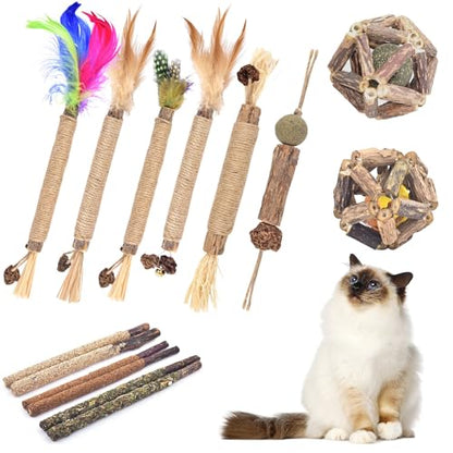TINDTOP Cat Chew Toys, 12 Pack Silvervine Chew Sticks with 2 Pack Cage Balls for Kittens Teeth Cleaning, Matatabi Dental Care, Increase Appetite, Aggressive Chewers Cat Dental Toy - color: 14 Pack