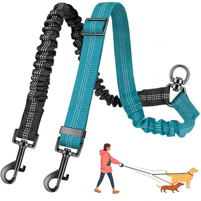 3-in-1 Double Dog Leash for Two Dogs, Adjustable Dual Leash with 360° Swivel & Bungee Shock Absorption, No-Tangle Reflective Coupler,for Walking, Running, Training (Black + Blue) - color: black + blue