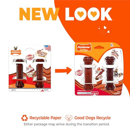 Nylabone Original & Textured Bone Power Chew Toy for Dogs, Durable & Tough Dog Toys for Aggressive Chewers, Basted Blast Bacon and Steak Flavor, X-Small Dogs - Up to 15 lbs, 2 Pack - size: X-Small