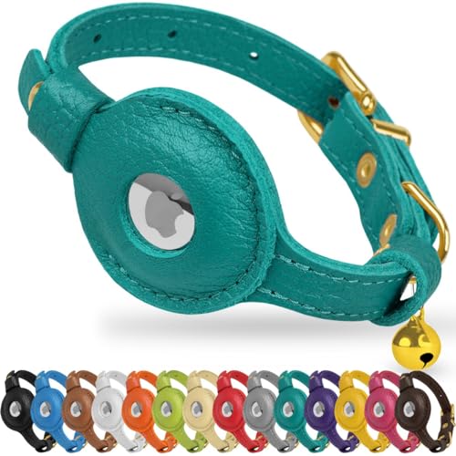 OOPSDOGGY Leather AirTag Cat Collar with Bell - Non Breakaway Kitten Collar with Apple Air Tag Holder - Lightweight GPS Pet Collars for Girl Boy Cats, Small Dogs, Puppies (Aquamarine) - color: Aquamarine