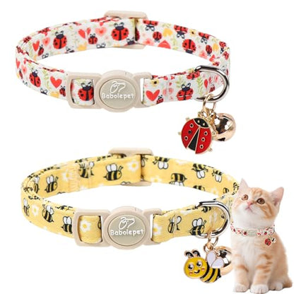2 Pack Cute Cat Collars - Cartoon Bee Ladybug Breakaway Cat Collar with Bell & Matching Pendant, Adjustable Spring Summer Kitten Collars for Boy Girl Cats - color: Bee&Ladybug