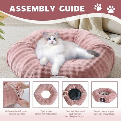 Bubble Cat Tunnel for Indoor Cats, Round Peekaboo Cave Toy with Dangling Balls, Donut Tunnel Bed with Circle Mat for Puppy Kitten Rabbit, Dusty Pink - color: Dusty Pink