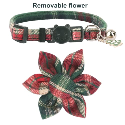 ADOGGYGO Christmas Cat Collar with Floral, 2 Pack Xmas Kitten Flower Collar, Red Green Plaid Christmas Collars for Cat Kitten - color: Christmas
