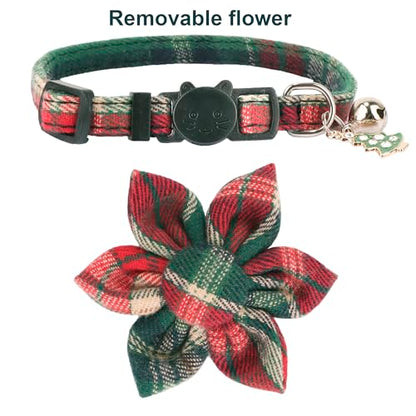 ADOGGYGO Christmas Cat Collar with Floral, 2 Pack Xmas Kitten Flower Collar, Red Green Plaid Christmas Collars for Cat Kitten - color: Christmas