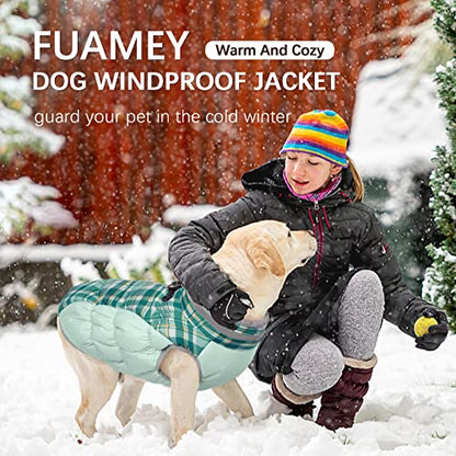 FUAMEY Dog Coat for Small Dogs,Waterproof Dog Winter Jacket with Harness Built in Puppy Cold Weather Coats Reflective Pet Vest with Zipper Warm Fleece Dogs Snowsuit Windproof Green Plaid XS - color: Green Plaid, size: XS(chest:14in)