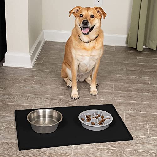 Leash Boss 2-Cup Slow Bowl and XL Mat - Silicone Food Mat (25"x17", Black) and 2-Cup Maze Dog Dish (Gray)
