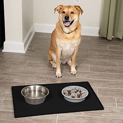 Leash Boss 2-Cup Slow Bowl and XL Mat - Silicone Food Mat (25"x17", Black) and 2-Cup Maze Dog Dish (Gray)