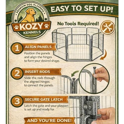 Dog Play Pen for Indoor Use - 32'', 8 Panels for Small and Medium Size Dogs - Portable Grey Playpen Kennel for House or Garage - Metal Heavy Duty Pet Fence with Anti-Slip Feet - size: 32 Inches