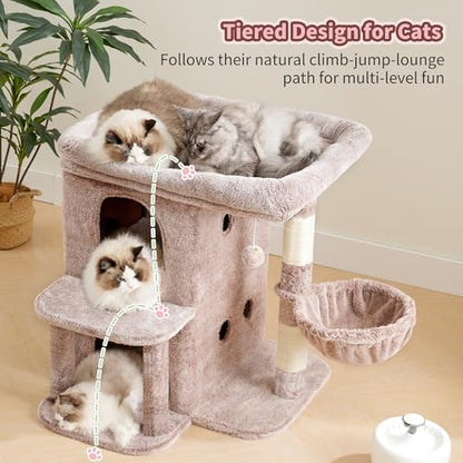 Heybly Cat Tree, 26.3-inch Cat Tower with Spacious Top Perch for Large Cats, Stair-Style Cat House Furniture with Dual-Layer Condos, Sisal Scratching Posts, Cozy Basket & Pompom, Muchroom HCT204SMU - color: Muchroom, size: 26.3 inch