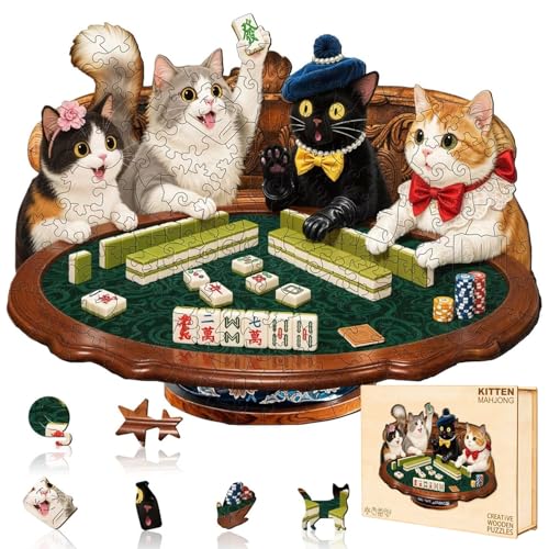 Cats Mahjong Puzzles Adults Gifts Wooden 145 Pieces, Jigsaw Puzzles for Adults Unique Animal Shape Wood Puzzle Birthday for Puzzle Lovers, 11.4 * 8.8in - color: A Cats Mahjong, size: Medium