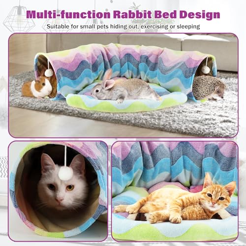 BWOGUE Bunny Tunnel Bed, 2-in-1 Collapsible Tunnel Tubes Toys with Removable Mat Hideout for Cats Kittens Rabbits Guinea Pigs Kitty - color: Rainbow