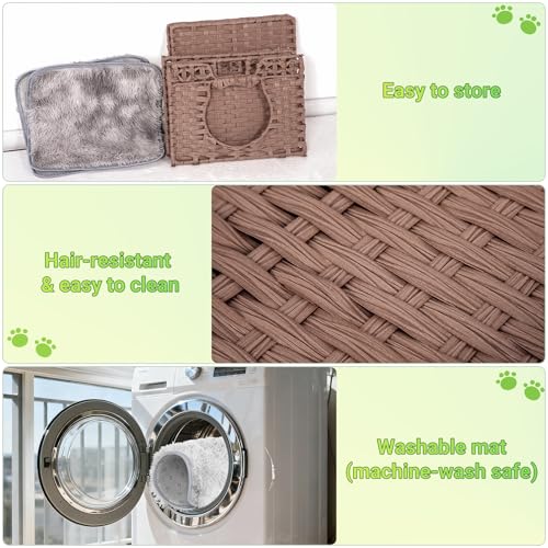 Handwoven Rattan Cat House w/ 2 Cushions, Wicker Cat Bed Indoor Kitten House, Waterproof & Foldable Pet Cube Bed, Brown, 16.5”L x 16.5”W x 12.6”H - color: Brown