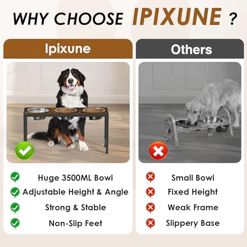 Elevated Dog Bowls Stand for Large Dogs - 3 Bowl Dog Feeder with Adjustable Height & Tilt, Stainless Steel Bowls & Wood Tray for Large Breeds, Triple Bowl Feeding Station, 3500ML*3 Capacity