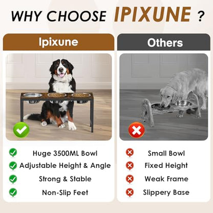 Elevated Dog Bowls Stand for Large Dogs - 3 Bowl Dog Feeder with Adjustable Height & Tilt, Stainless Steel Bowls & Wood Tray for Large Breeds, Triple Bowl Feeding Station, 3500ML*3 Capacity