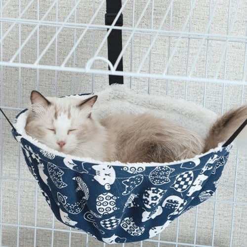 Warm Cat Hammock Lounge Hanging Bed for Cage Kennel Chair with Metal Frame, Adjustable Straps, Reversible Cat Bed, Machine Washable, Suitable for All Seasons (Blue,Small) - color: Blue, size: Small