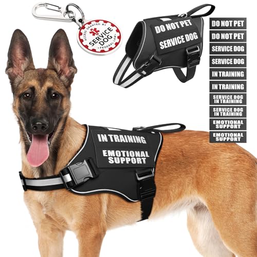 Service Dog Vest Harness+ID Tag+10 Patches,Metal Serivce Dog Tag&Reflective Emotional Support Dog Vest with Handle for Large Dogs,Easy Put On/Off for Training/Walking/Everyday Black L - color: Black, size: L