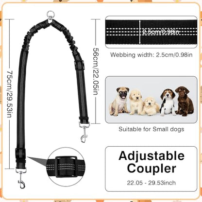 ElevateTech Double Dog Leash for Two Dogs No Tangle Dual Leash Heavy Duty Adjustable Reflective Bungee Retractable Split Multiple Leashes for Walk Fit All Sized Breeds Black