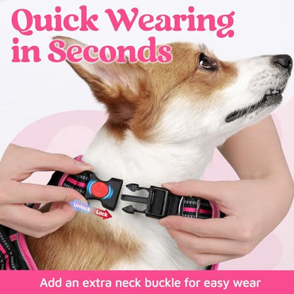 rabbitgoo Dog Harness Medium Sized, No Pull Dog Vest with 3 Buckles, Adjustable Soft Padded Pet Harness with Easy Control Handle and Reflective Strips, Black & Rose Pink, M - color: Black & Rose Pink, size: Medium