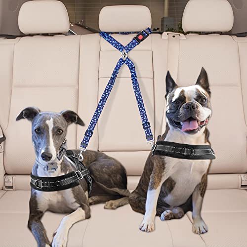 Lukovee Double Dog Seat Belt, New Dual Pet Car Headrest Restraint Safety Seatbelt No Tangle Dog Leash Duty Adjust Elastic Bungee Puppy Lead Splitter Connect Harness in Vehicle Travel for 2 Dogs (BL) - color: Blue Paw