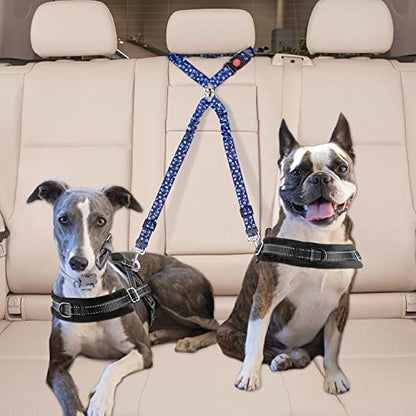 Lukovee Double Dog Seat Belt, New Dual Pet Car Headrest Restraint Safety Seatbelt No Tangle Dog Leash Duty Adjust Elastic Bungee Puppy Lead Splitter Connect Harness in Vehicle Travel for 2 Dogs (BL) - color: Blue Paw