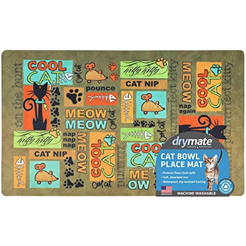 Drymate Cat Bowl Placemat, Pet Food Feeding Mat - Absorbent Fabric, Waterproof Backing, Slip-Resistant - Machine Washable/Durable (USA Made) (12” x 20”) (Cool Cat Brown) - color: Cool Cat Brown, size: Small (12" x 20")