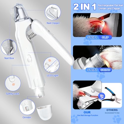 2-in-1 Dog Nail Clippers with Light - Electric Pet Nail Grinder Quiet for Small Large Dogs & Cats, LED Prevent Over Cutting, USB-C Rechargeable Safety Guard Grooming Kit for Black Nails-3VX