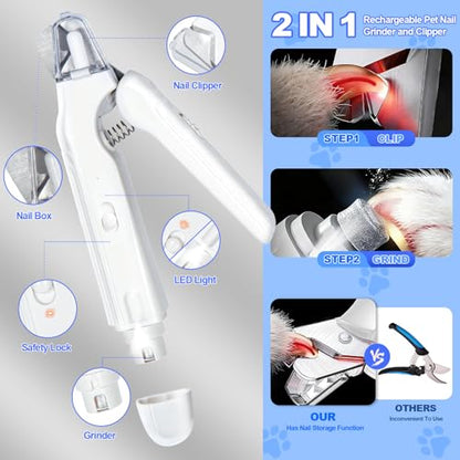2-in-1 Dog Nail Clippers with Light - Electric Pet Nail Grinder Quiet for Small Large Dogs & Cats, LED Prevent Over Cutting, USB-C Rechargeable Safety Guard Grooming Kit for Black Nails-3VX